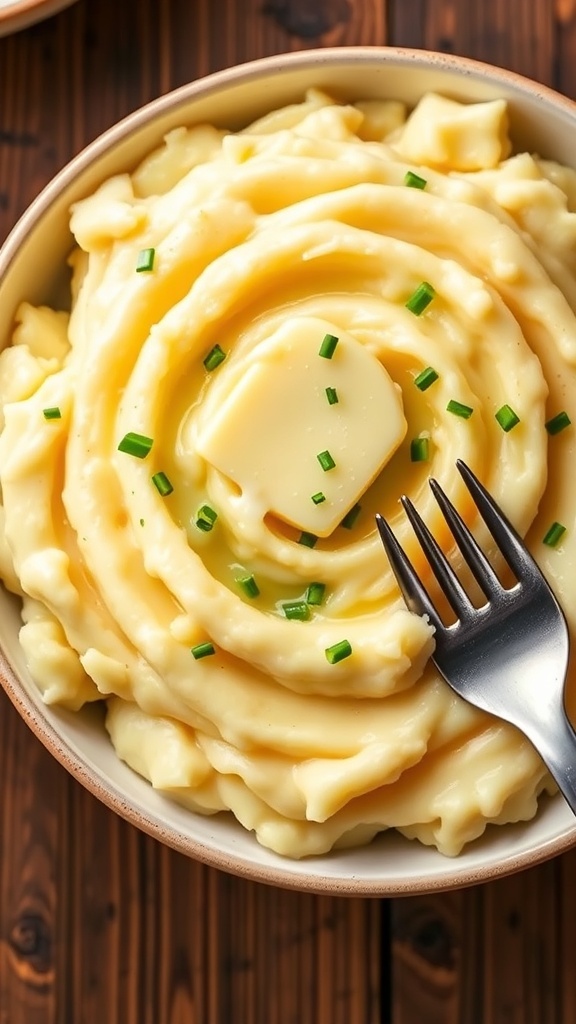 Creamy mashed potatoes topped with butter and chives in a rustic bowl on a wooden table.